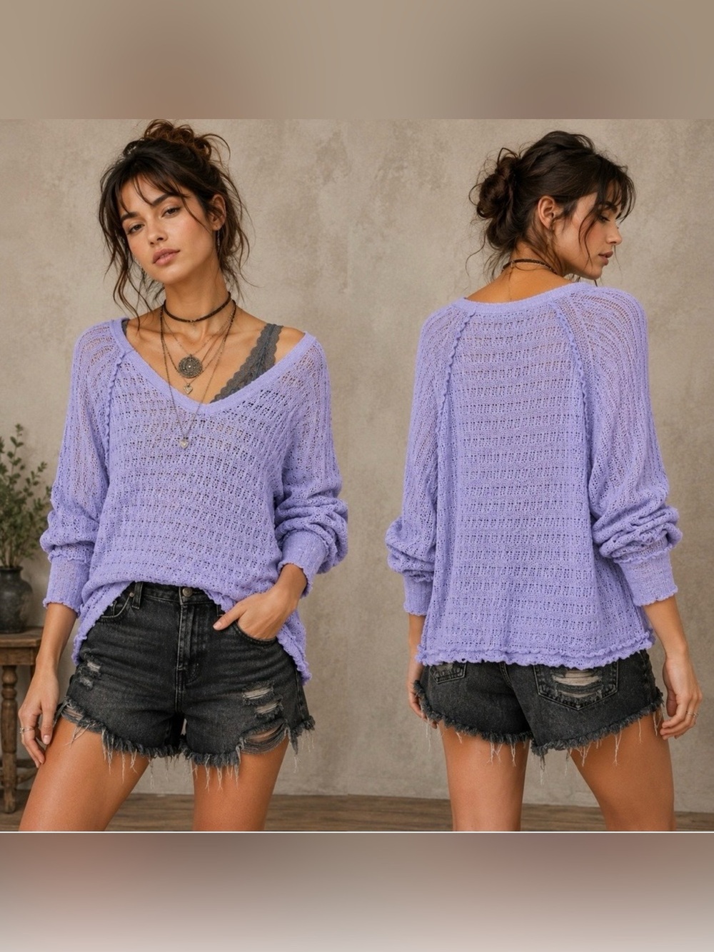 We the Free Thien’s Hacci Lavender Slouchy Sweater Size Medium